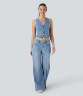 Halara Flex™ Low Rise Zipper Pockets Baggy Wide Leg Flare Washed Casual Jeans