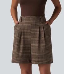 High Waisted Baggy Plaid Work Bermuda Shorts with Pockets