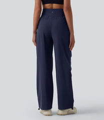 High Waisted Drawstring Ruched Quick Dry Running Straight Leg Baggy Pants with Pockets