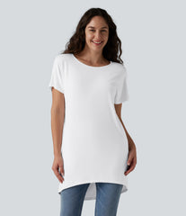 Boat Neck Short Sleeve High-Low Longline Casual T-Shirt with Pockets