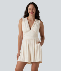 Ribbed V-neck Sleeveless Ruched Built-in Bra 2-in-1 Casual Romper with Pockets-Easy Peezy