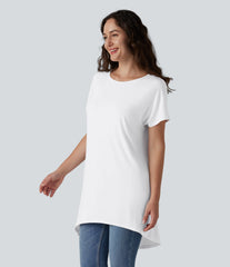 Boat Neck Short Sleeve High-Low Longline Casual T-Shirt with Pockets