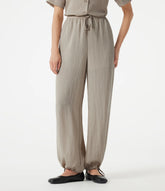 High-waisted Drawstring 2-in-1 Work Linen-Blend Barrel Leg Pants with Pockets