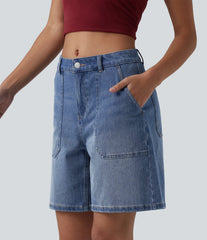 Halara Flex™ Mid Rise Washed Denim Casual Baggy Bermuda Shorts with Pockets