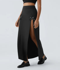 High Waisted Decorative Buckle 2-in-1 Maxi Casual Skirt