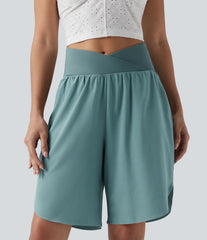 Breezeful™ High Waisted Crossover Curved Hem Quick Dry Shorts with Pockets