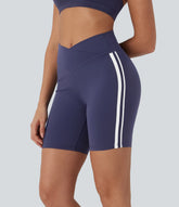 Crossover Mid Rise Color Block Stripe Yoga Biker Shorts 7''
