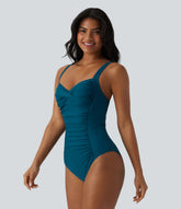 Queen Anne Neck Adjustable Straps Twisted Ruched Push-Up Tummy Control One Piece Swimsuit