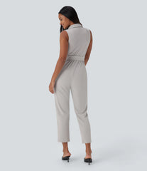 Sleeveless Pockets Belted Tapered Work Jumpsuit