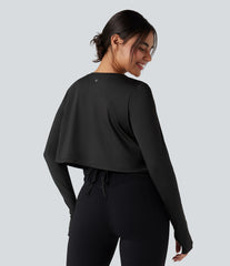 Round Neck Long Sleeve Thumb Hole Contrast Mesh Cut Out Tie Back Yoga Sports Top