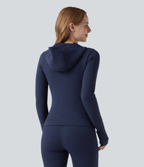 OneForm Seamless Flow Waffle Hooded Long Sleeve Thumb Hole Zipper Yoga Jacket with Pockets