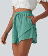 High Waisted Drawstring Layered Ruffle Hem Shorts 5'' with Pockets