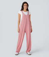 V Neck Pocket Waffle Casual Overalls