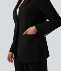 Notched Collar Long Sleeve Work Linen-Blend Blazer with Pockets