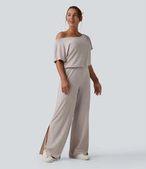 One-shoulder Short Sleeve Split Hem Casual Jumpsuit with Pockets-Easy Peezy