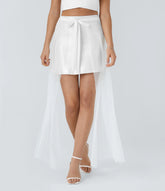 SoftlyZero™ Faux Leather Mesh High Waisted A Line Sparkle Foil Print Stretchy 2-Piece Mini Skirt