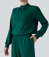 Mock Neck Keyhole Back Long Sleeve Wide Leg Work Jumpsuit with Pockets