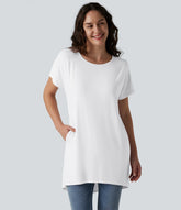 Boat Neck Short Sleeve High-Low Longline Casual T-Shirt with Pockets