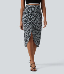 High Waisted Ruched Midi Leopard Print Waffle Casual Tulip Skirt