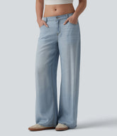 Low Rise Draped Casual Wide Leg Jeans with Pockets