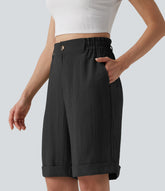 High Waisted Rolled Hem Linen-Feel Resort Bermuda Shorts 10'' with Pockets