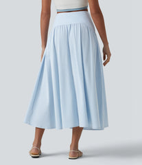 High Waisted Midi Stripes Crinkle Cotton Casual Flowy Skirt with Pockets