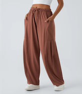 Mid Rise Elastic Waistband Drawstring Pocket Palazzo Flowy Wide Leg Baggy Casual Pants