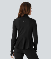 DayStretch Stand Collar Zipper Thumb Hole Ruffle Hem Slim Jacket with Pockets
