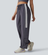 High Waisted Drawstring Colorblock Stripes Quick Dry Workout Cargo Pants with Pockets