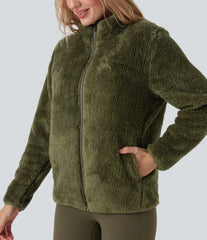 Stand Collar Long Sleeve Casual Sherpa Jacket with Pockets