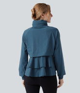 Stowable Hood Drawstring Contrast Mesh Ruffle Hem Workout Jacket with Pocket
