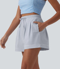 High Waisted Drawstring Pleated Quick Dry Crinkle Resort Baggy Shorts with Pockets