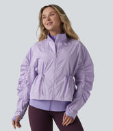 Durable Water Repellent Stand Collar Ruched Sleeve Drawstring Thumb Holes Hiking 3-in-1 Jacket with Pockets