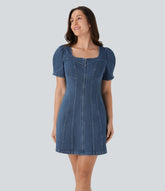Halara Flex™ Square Neck Short Sleeve Zipper Denim Mini Casual Dress