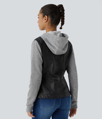 Hooded Drawstring Pocket Zipper Contrast Faux Leather Casual Jacket