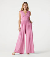 Ribbed V Neck Sleeveless Ruched Built-in Bra Casual Jumpsuit with Pockets-Easy Peezy Edition