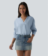 V Neck Long Sleeve Denim Casual Blouse