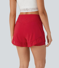 SoftlyZero™ Airy High Waisted 2-in-1 Pocket Contrast Lace InstantCool Yoga Shorts-UPF50+