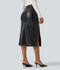 High Waisted Tummy Control 2-in-1 Midi Casual PU Leather Skirt