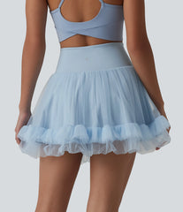 High Waisted Tummy Control Contrast Mesh 2-in-1 Mini Workout Skirt with Pockets