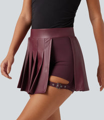 High Waisted Pleated 2-in-1 Stretchy PU Micro Mini Party Skirt with Pocket