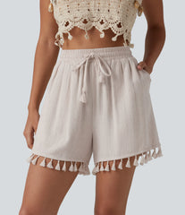 High Waisted Drawstring Fringe hem Resort Linen-Blend Baggy Shorts with Pockets