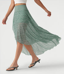 High Waisted High Low Ruffle 2-in-1 Leopard Print Mesh Maxi Skirt