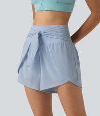 SoftlyZero™ Airy High Waisted Tie Front Contrast Mesh 2-in-1 InstantCool Running Shorts 3" with Pockets-UPF50+