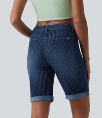 Halara Flex™ Mid Rise Rolled Hem Stripes Denim Casual Skinny Bermuda Shorts with Pockets