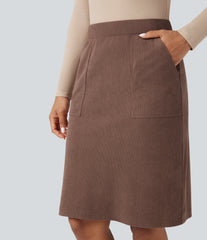 High Waisted A-line Split Corduroy Casual Skirt with Pockets