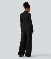 Long Sleeve Built-in Bra Wide Leg Jumpsuit with Pockets-Easy Peezy Edition DD-F Cups