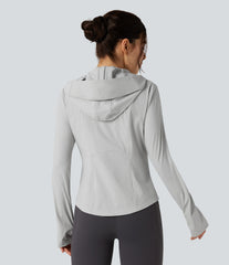 Hooded Long Sleeve Thumb Hole Zipper Hiking Jacket with Pockets-UPF40+