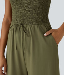 Tube Shirred Knot Pocket Wide Leg Casual Jumpsuit