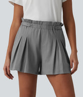 Ruffle High Waisted Pleated Stripe Casual Shorts 4'' with Pockets
